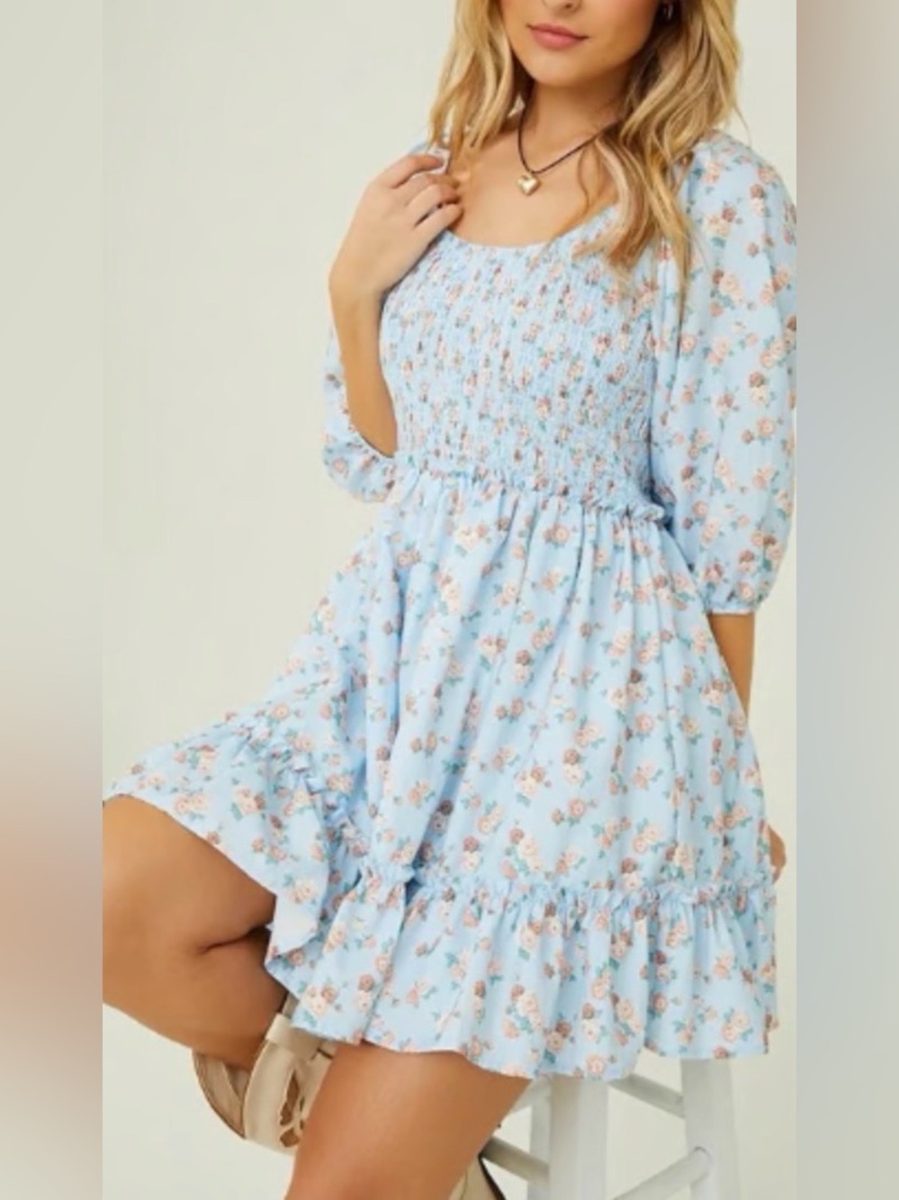 Light Blue Floral Midi Dress with Smocked Bodice